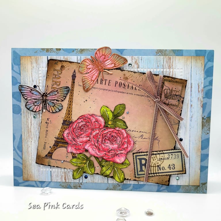 Vintage Blank Card - postcard 3D, birthday, mothers day, rose, butterfly