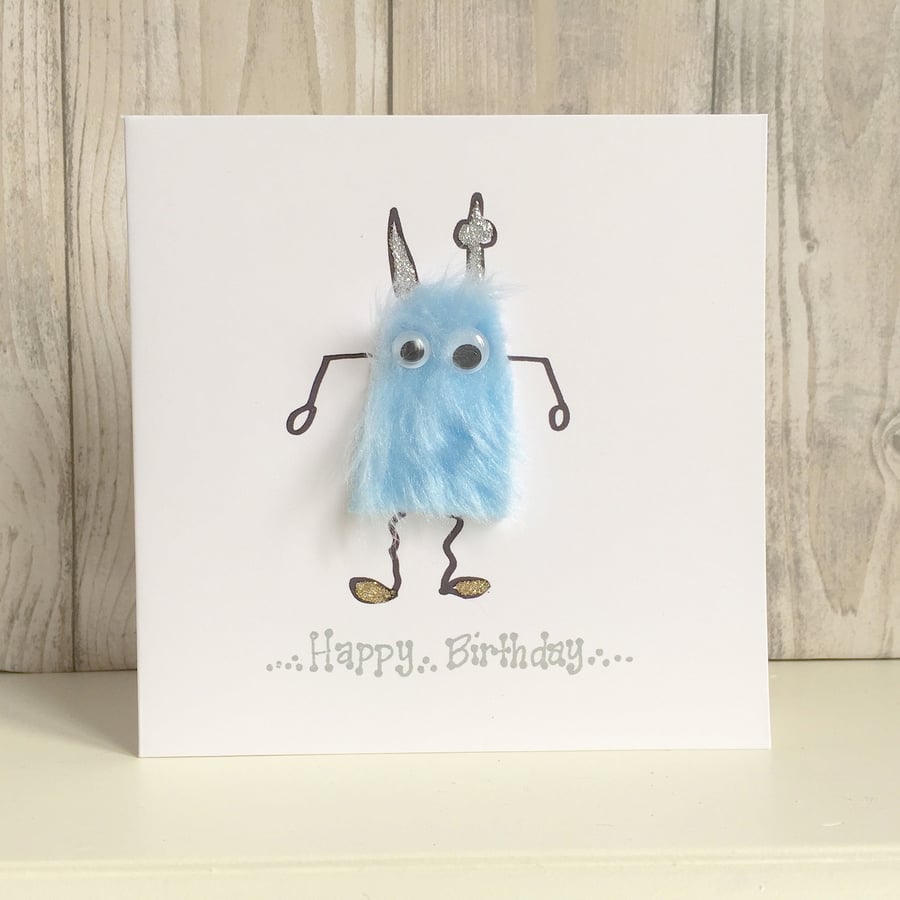Fun handmade Birthday card - fluffy blue fun mini-monster