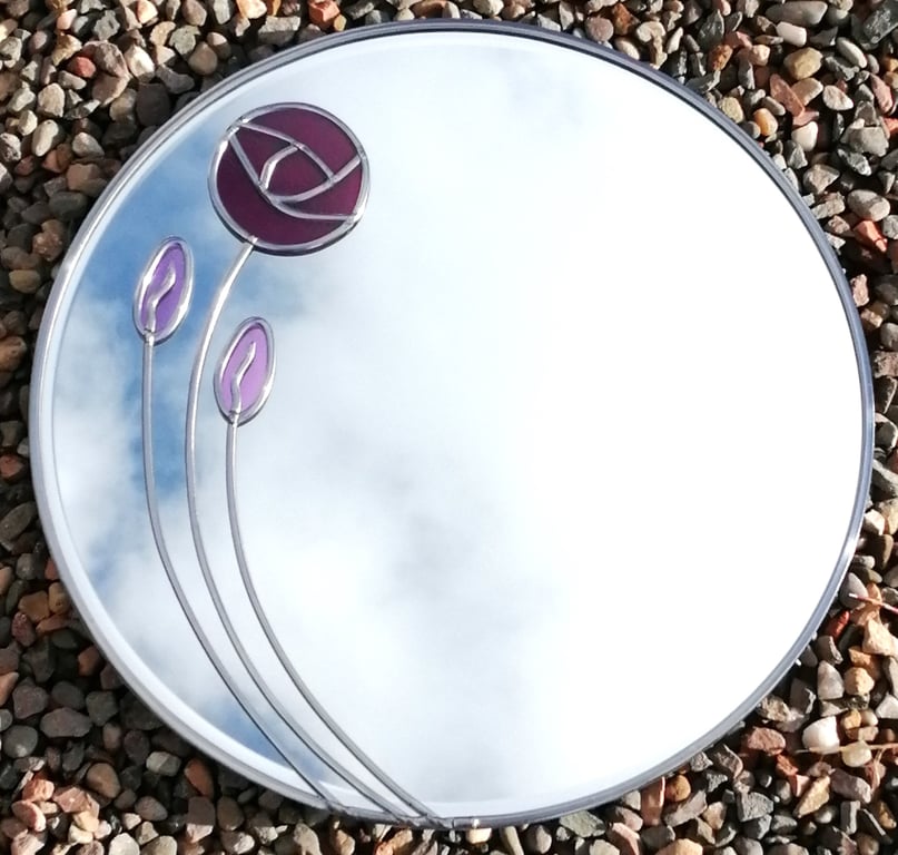 Signature Rose is a Mackintoh Inspired Stained Glass Wall Mirror 30cm round