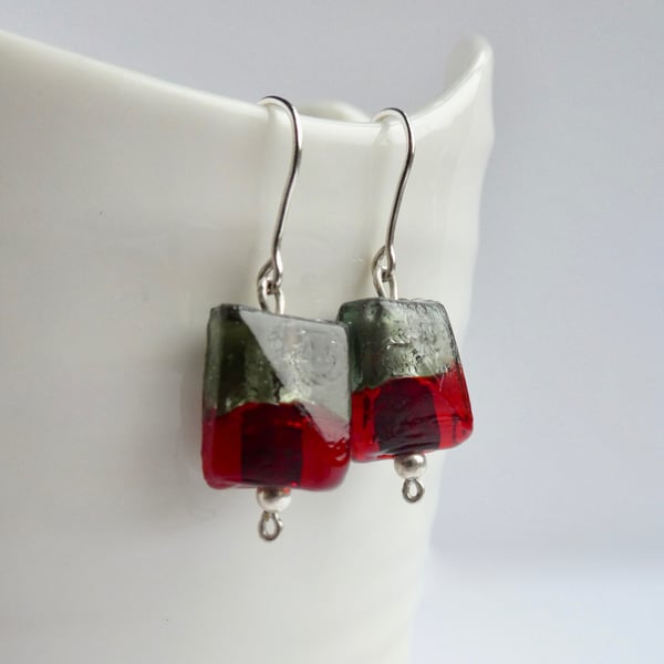 Foil-lined Grey and Red Glass Bead Earrings 