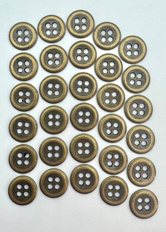 30 Metal Buttons, Old Gold Colour, Small 11mm Wide, Raised Edge Design