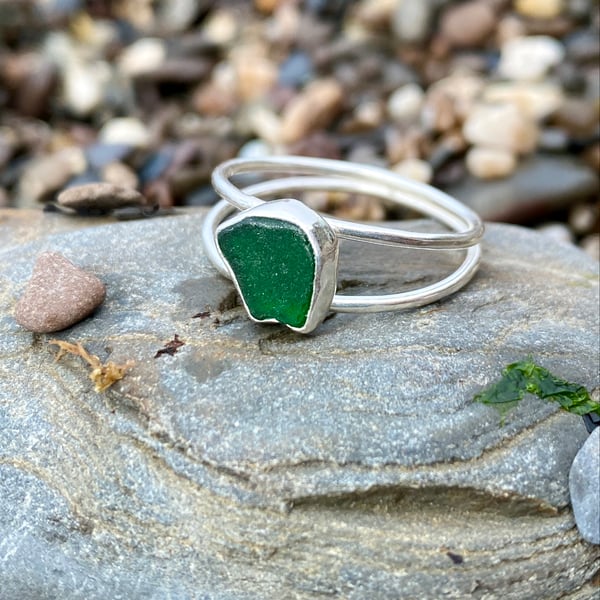 Dark Green Double Band Sea Glass and Sterling Silver Ring- Size S - 1325