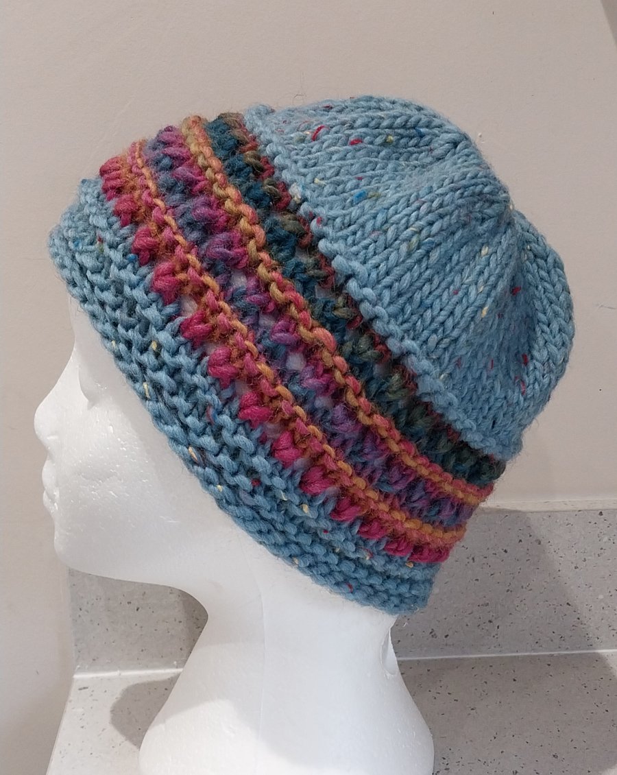 Handknit chunky wool hat col 2 Powder Blue