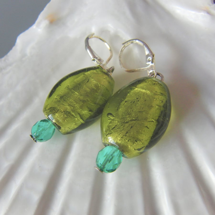 Green Foil Centre Art Glass Bead Earrings, Gift for Her, Green Earrings