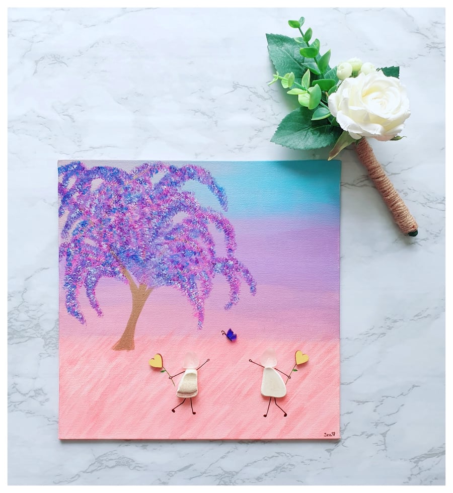 Seaglass and seapottery canvas "FRIENDS"