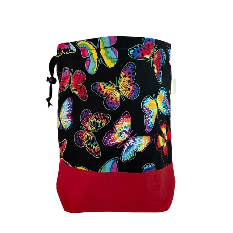 two at a time knitting bag with floral  print, drawstring divided pouch, 