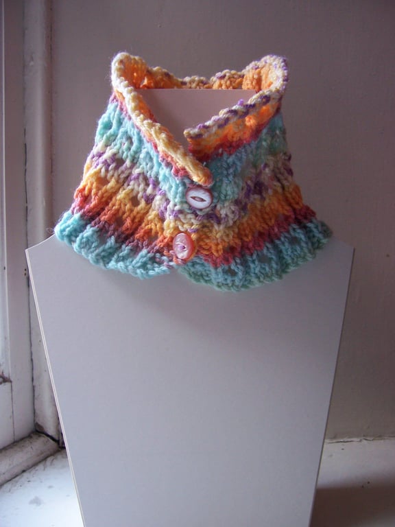 Hand knit eyelet, button fastening, neckwarmer