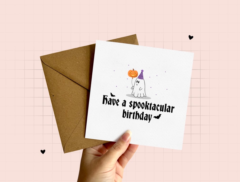 Spooky Halloween Birthday Card, Cute Ghost and Pumpkin Greeting Card.