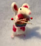 Felted mouse - pink and white with knitting