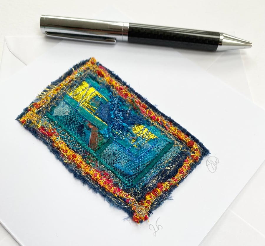 Abstract textile embroidered art card. Handmade from up-cycled fabric.