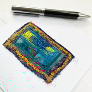 Abstract textile embroidered art card. Handmade from up-cycled fabric.