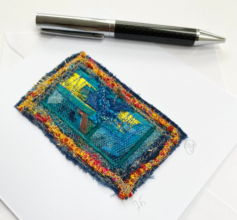 Abstract textile embroidered art card. Handmade from up-cycled fabric.