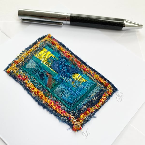 Abstract textile embroidered art card. Handmade from up-cycled fabric.