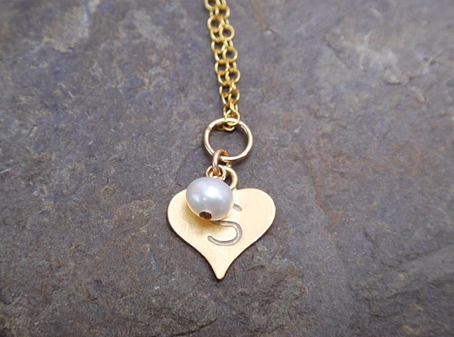 Personalised gold necklace with initial, pearl and vermeil heart