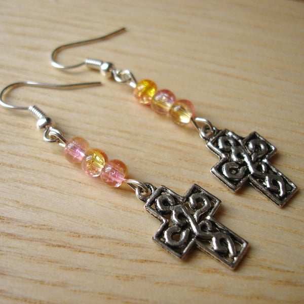 Cross Charm Earrings with Pink and Peach Beads
