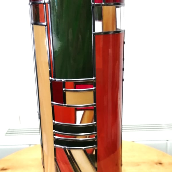 Art Deco Round Glass Vase 30cm Tall in Marbled Shades of Burnt Orange, Green 