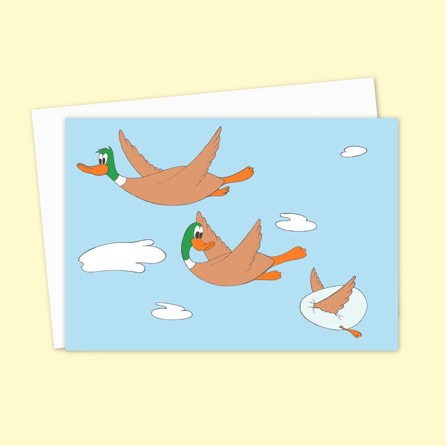 Flying Ducks Greeting Card: Hand Drawn Cartoon Artwork for Any Occasion (201)