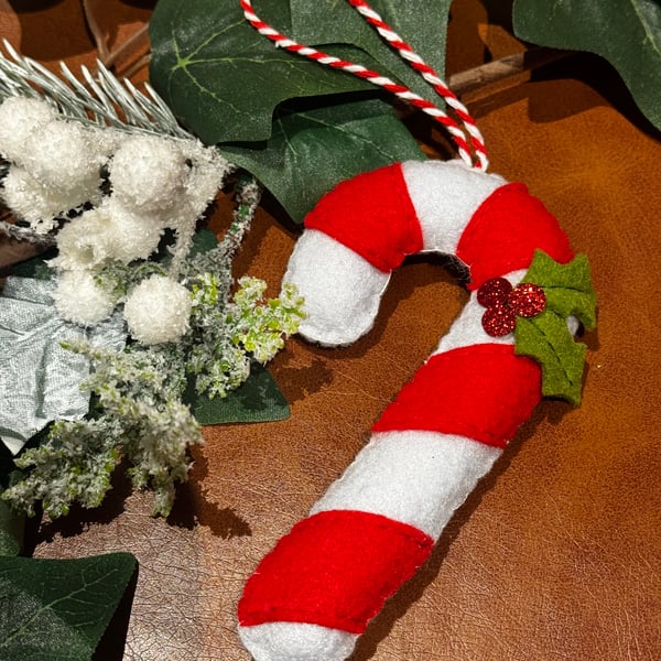 Hand Sewn Felt Red Candy Cane Christmas Decoration 