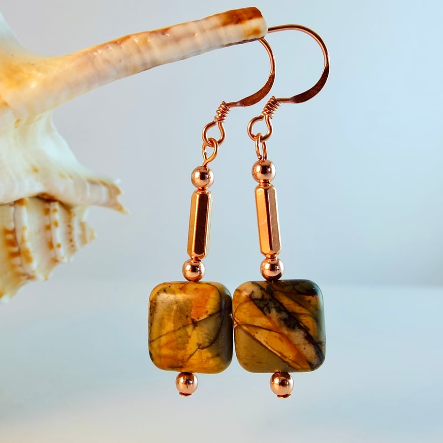 Red Creek Jasper Earrings With Copper - Handmade In Devon
