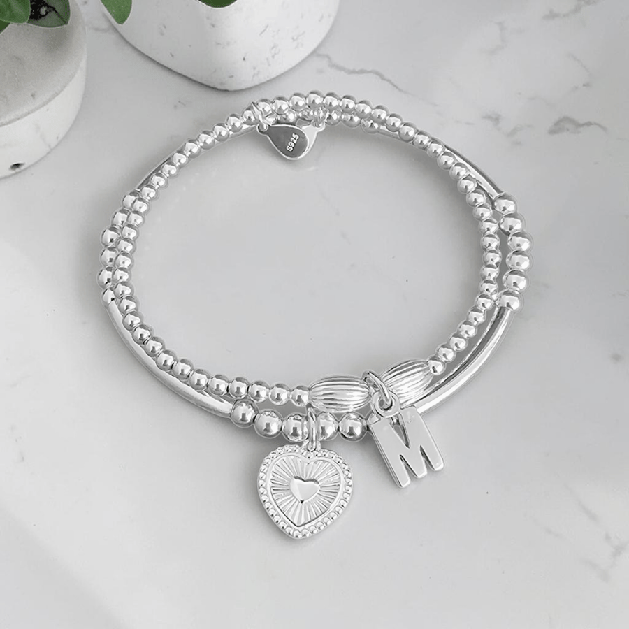 Sterling Silver Personalised Stretch Bracelet Set with Heart Charm 