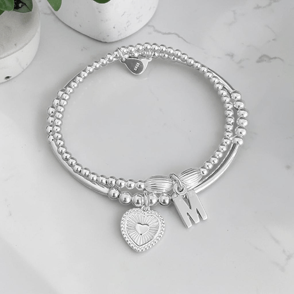 Sterling Silver Personalised Stretch Bracelet Set with Heart Charm 