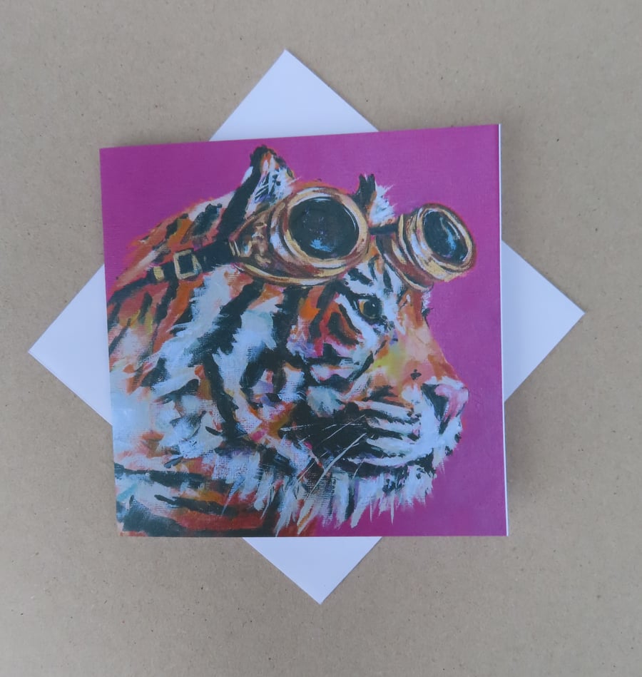 Steampunk Tiger Art Greeting Card From Original Painting Cat