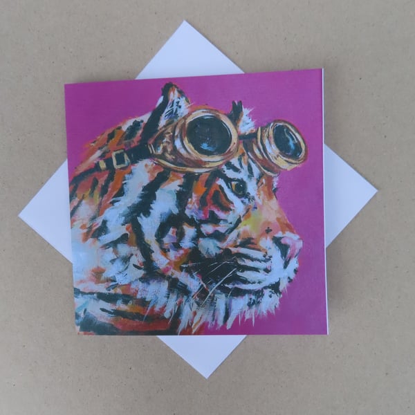 Steampunk Tiger Art Greeting Card From Original Painting Cat