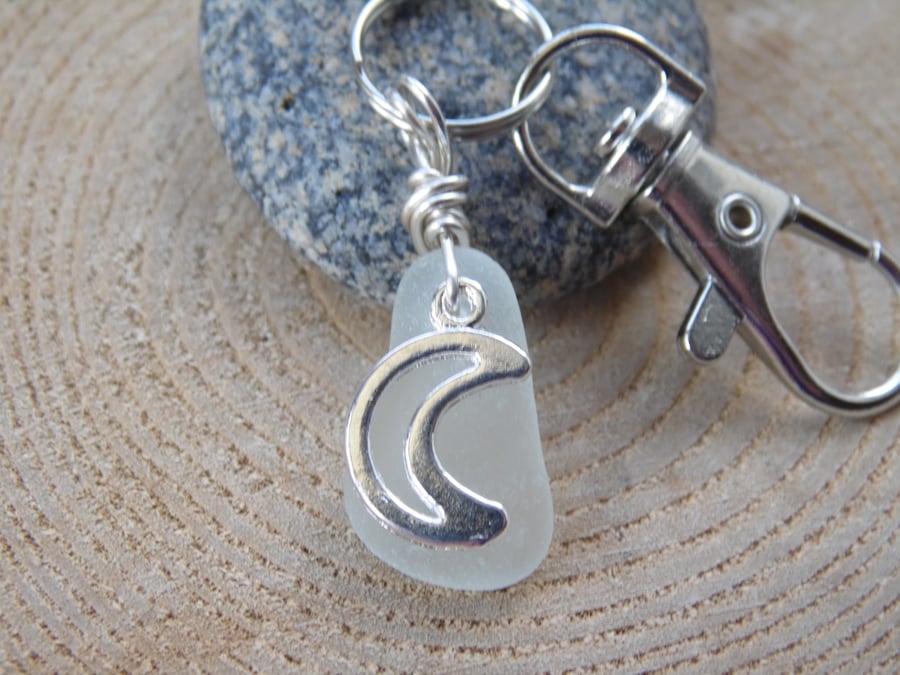 White Cornish Sea Glass with Crescent Moon Charm Bag Charm Keyring K542