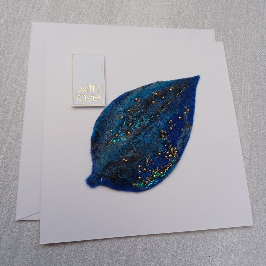 Felt art greetings card, handmade, blue beaded leaf, any occasion, with love