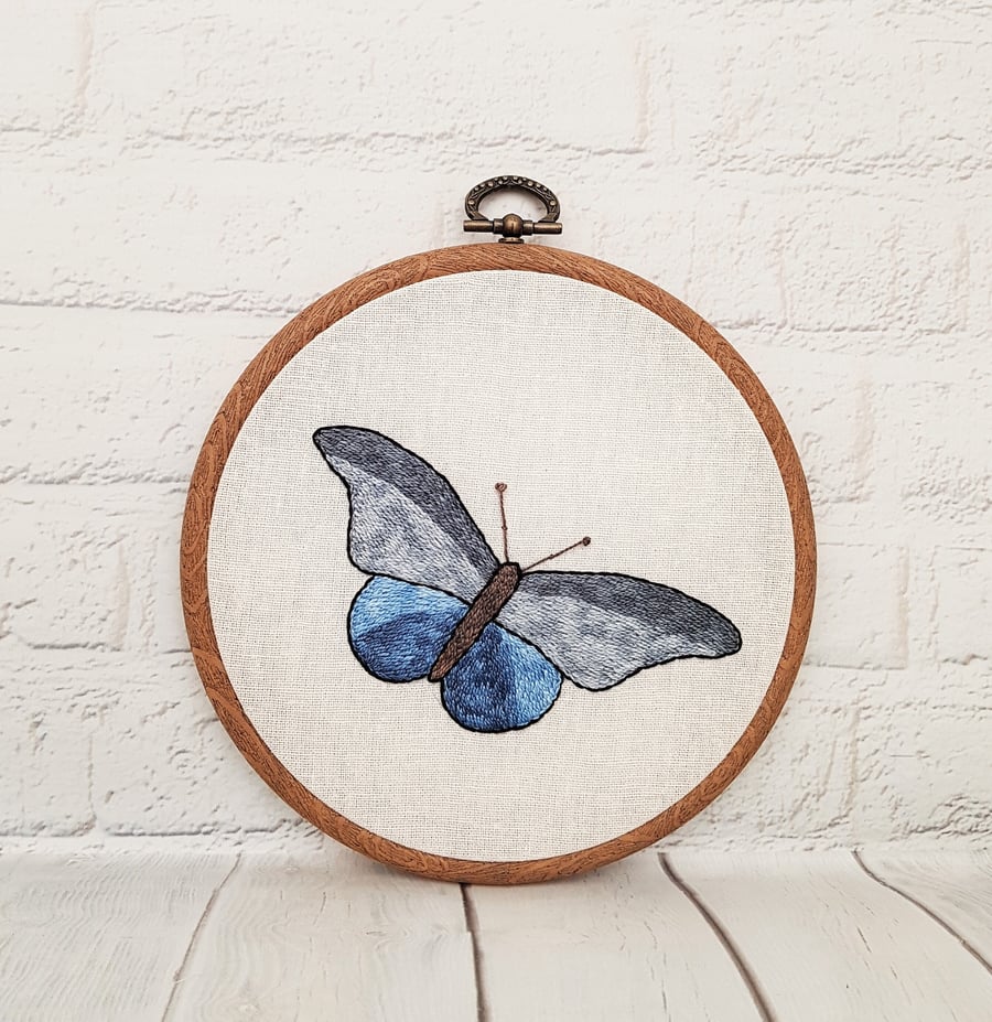 Blue Butterfly Hand Embroidery Hoop Art