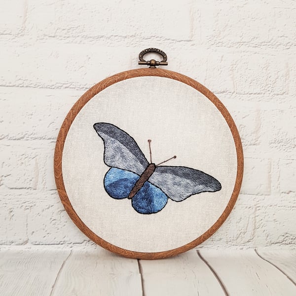 Blue Butterfly Hand Embroidery Hoop Art
