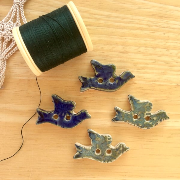Blue  and green bird buttons - flying birds - set of 4 ceramic buttons - 1LL