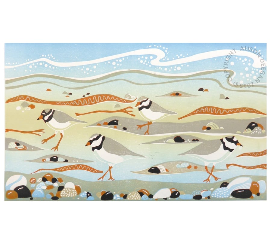 Ringed Plovers at New England Bay - SEA BIRD SEAWEED BEACH LINO PRINT