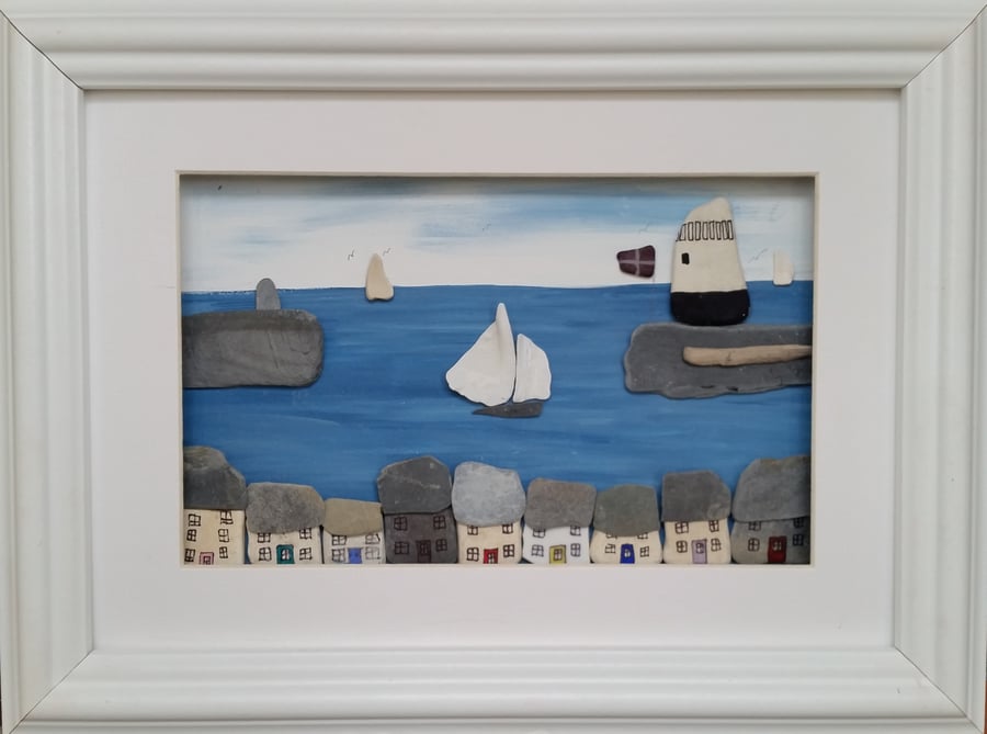 Cornish Harbour Scene, Mevagissey, Pebble Art, Pebble Picture, Cornish Gifts,
