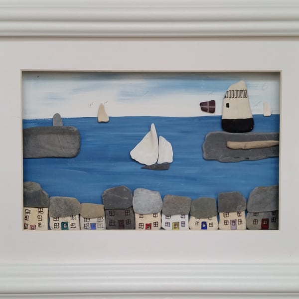 Cornish Harbour Scene, Mevagissey, Pebble Art, Pebble Picture, Cornish Gifts,
