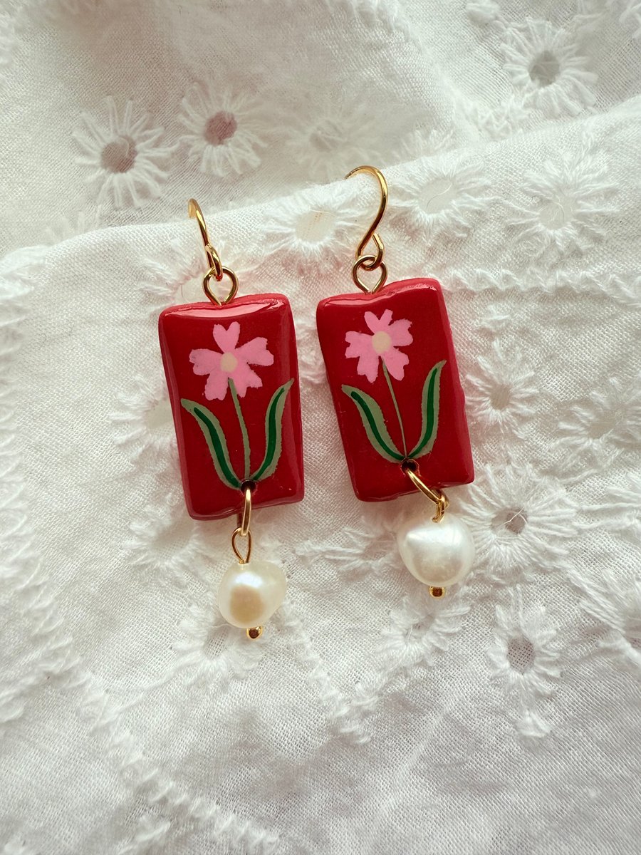 Pink Floral Red Rectangle Pearl Drop Earrings - FREE SHIPPING
