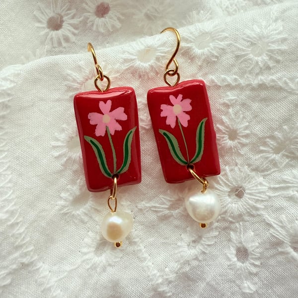 Pink Floral Red Rectangle Pearl Drop Earrings - FREE SHIPPING