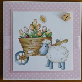 Sale - Sheep with Wheelbarrow & Tulips Card