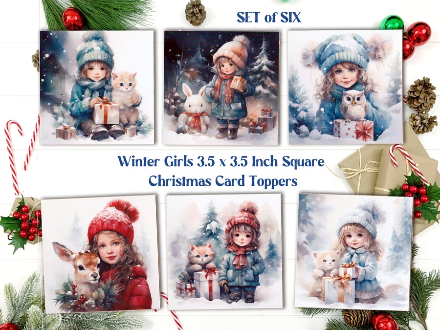 Christmas Girls Square Card Toppers for Card Making, Tags, Scrapbooks, Journals