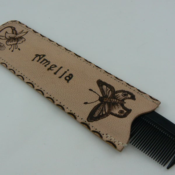 Comb in leather case with name