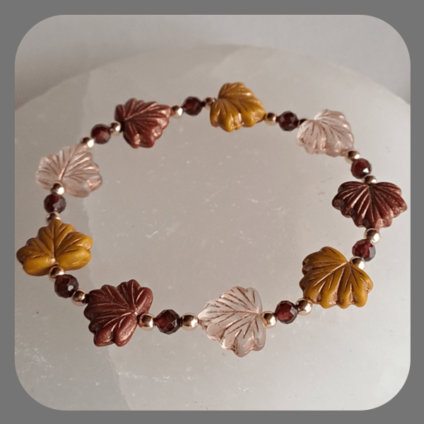 Czech glass, Garnet and Vermeil Autumn Maple Leaves bracelet