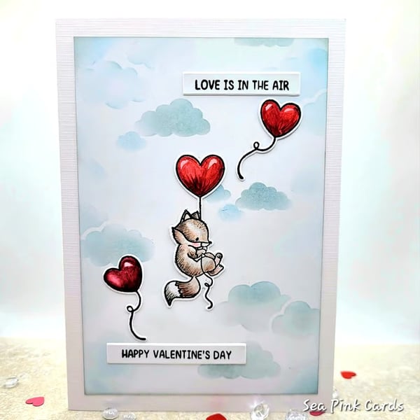 Valentine Card - Fox, Heart Balloons, Clouds, Love is in the Air