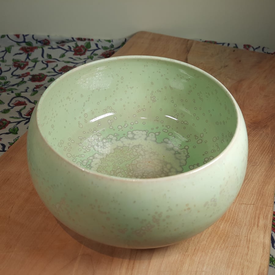 Hand thrown pale green crystal glaze ceramic bowl