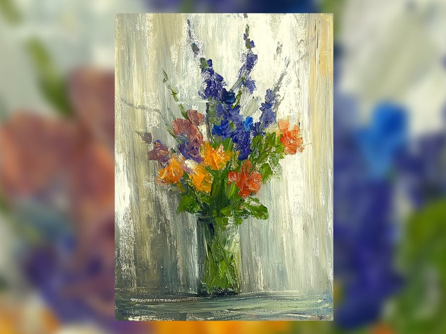 Vibrant Flower Bouquet in Textured Brushstrokes 5"x7" on Matte Paper
