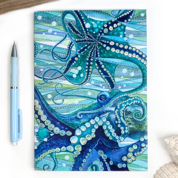Large Octopus Notebook - Nautical A5 Notepad with Lined Paper Seaside Stationery