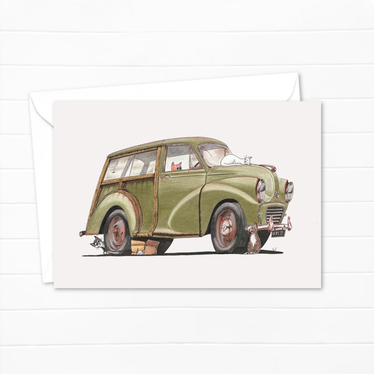 Moggies Greetings Card: Classic Morris Traveller and Cute Cats (324)