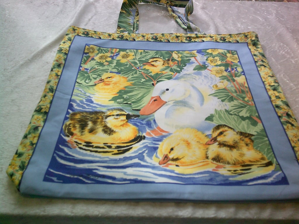 White Duck and Ducklings in Reeds Fabric Shopping Bag