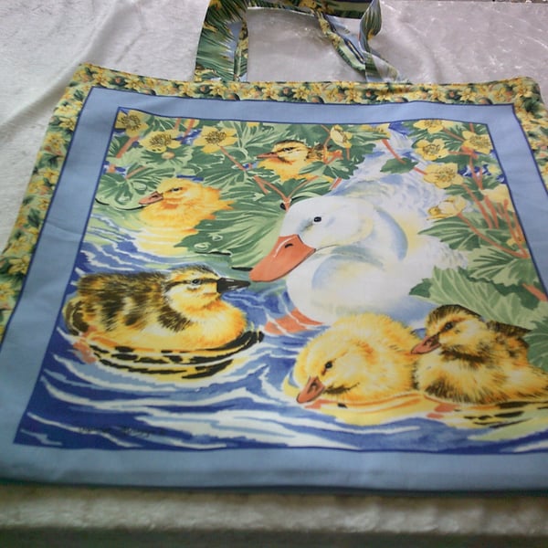 White Duck and Ducklings in Reeds Fabric Shopping Bag