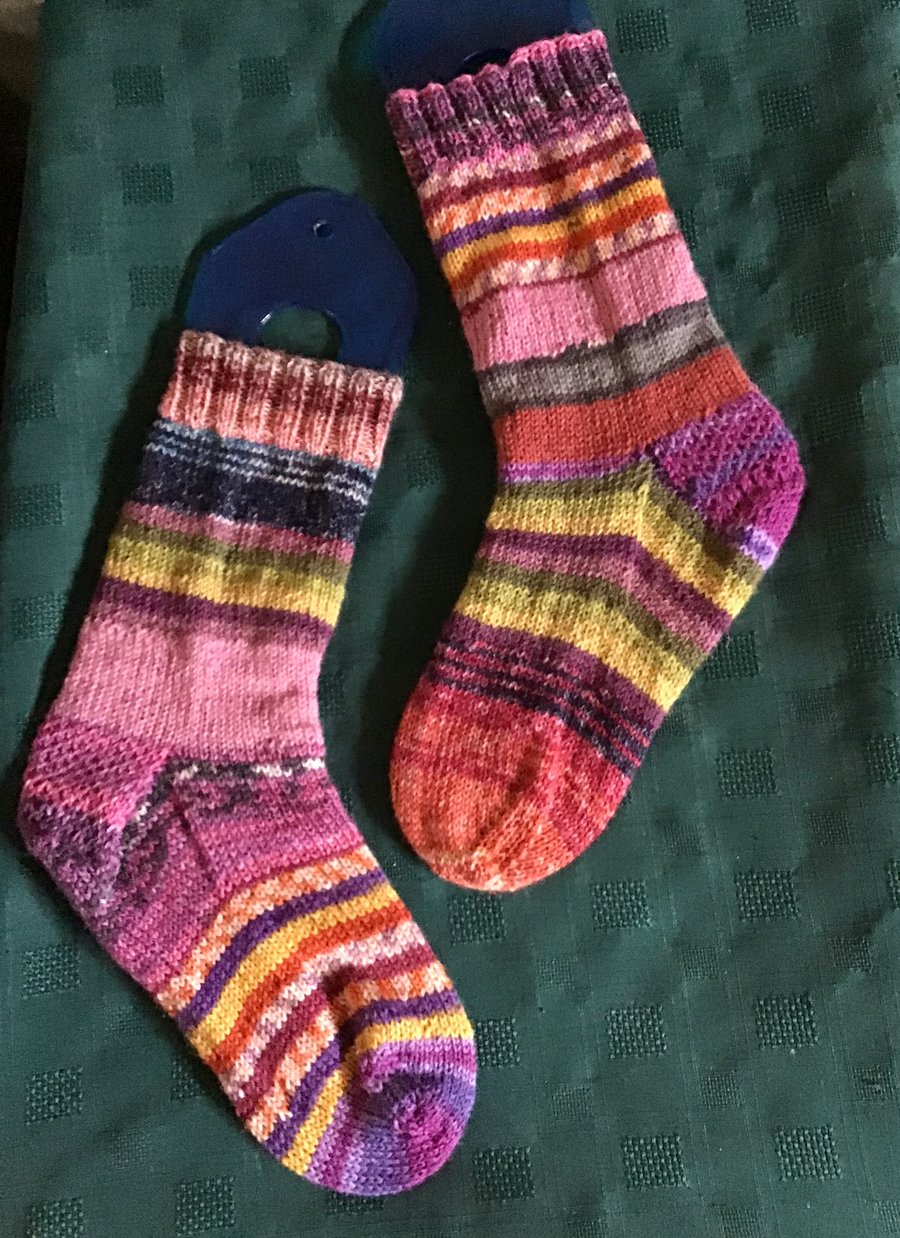 Hand Knit Odd Socks Pinks and Purples 