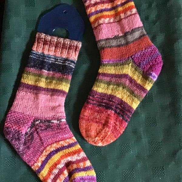 Hand Knit Odd Socks Pinks and Purples 